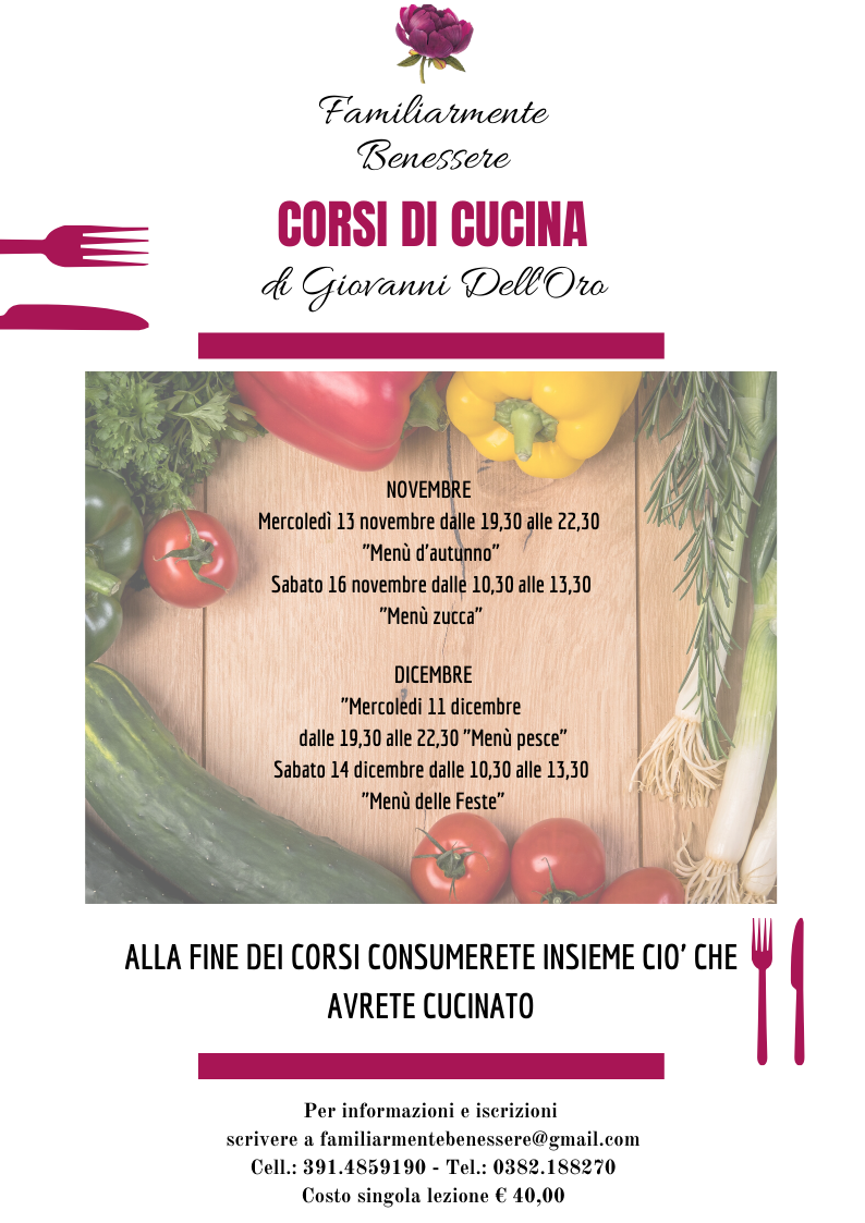 Corsi di cucina a tema con lo chef Giovanni Dell’Oro.
Alla fine di ogni corso, cena con i menu cucinati da voi 🍴
4 incontri dove avrete l’occasione di imparare a preparare dei piatti gustosi.
Non è necessario che siate già bravi in cucina, l’importante che abbiate la passione e siate predisposti al divertimento!
Per info e iscrizioni leggere in fondo alla locandina.
Vi aspettiamo !!!!